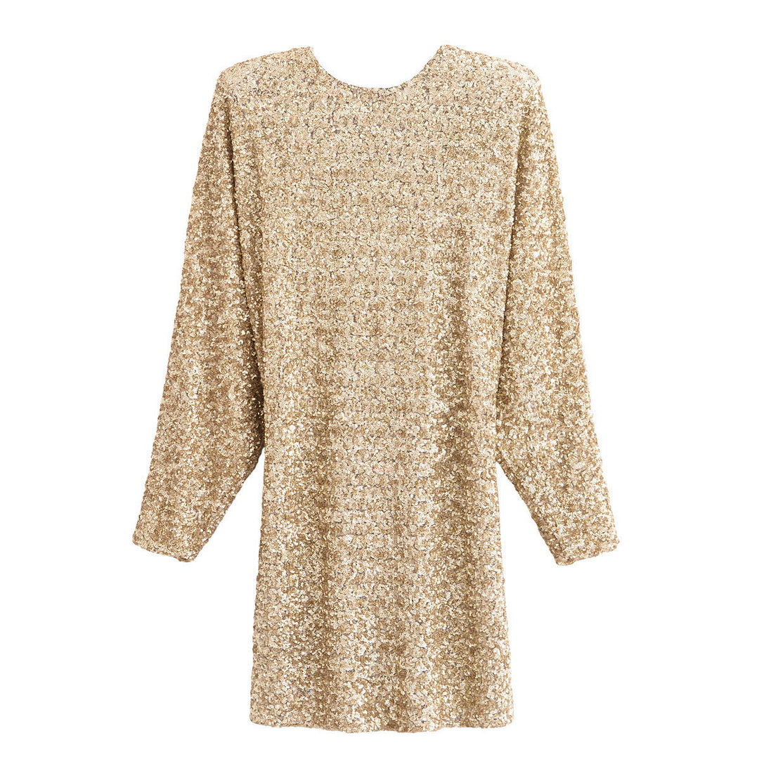 Levoire | Brillant Robe à Manches Longues à Col Rond en Paillettes Couleur champagne