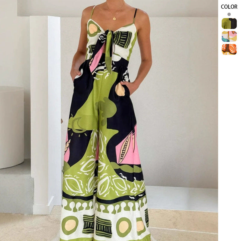 Jumpsuit Élégant Femme avec Motif Tie-Dye Ludique et Ceinture à Nouer sur le Côté Levoire