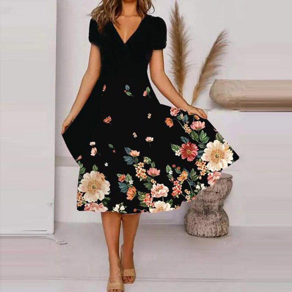 Levoire | Élégance Rentous Impression Robe à col V Style urbain noir