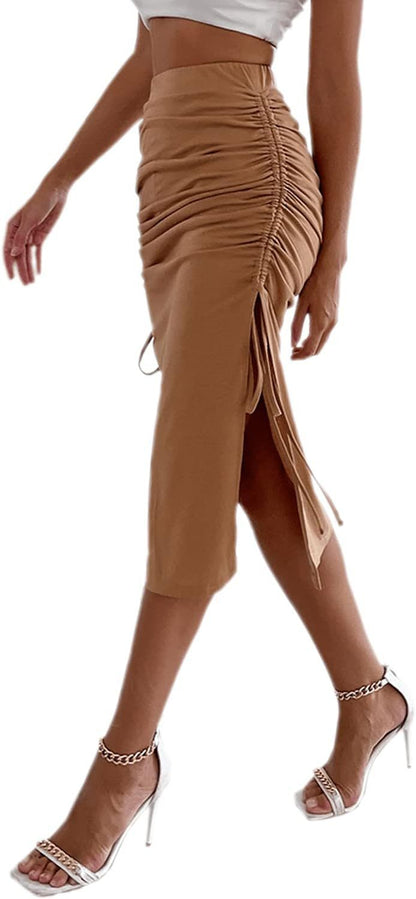 Levoire | Chic Printemps Slim Fit Détail Drawstring Bodycon Jupe Café