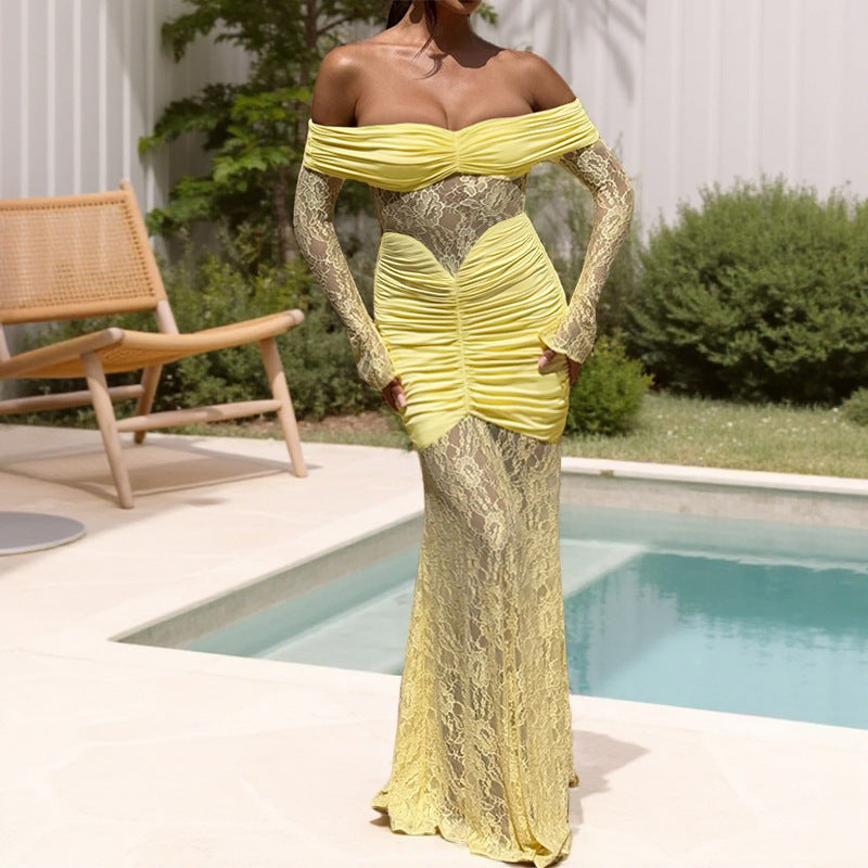 Robe maxi élégante pour femmes avec détails en dentelle transparente et coupe ajustée Levoire