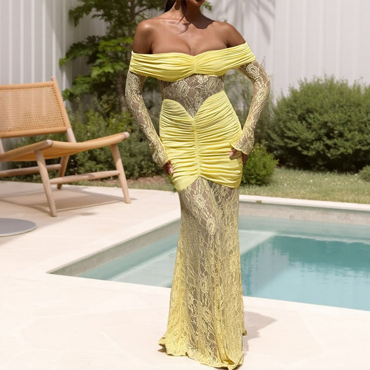 Robe maxi élégante pour femmes avec détails en dentelle transparente et coupe ajustée Levoire