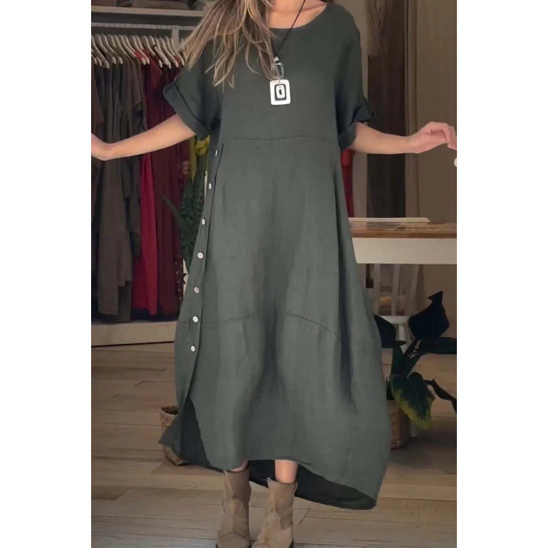 Levoire | Robe en coton-lin à manches courtes unie relaxante et ample Vert olive