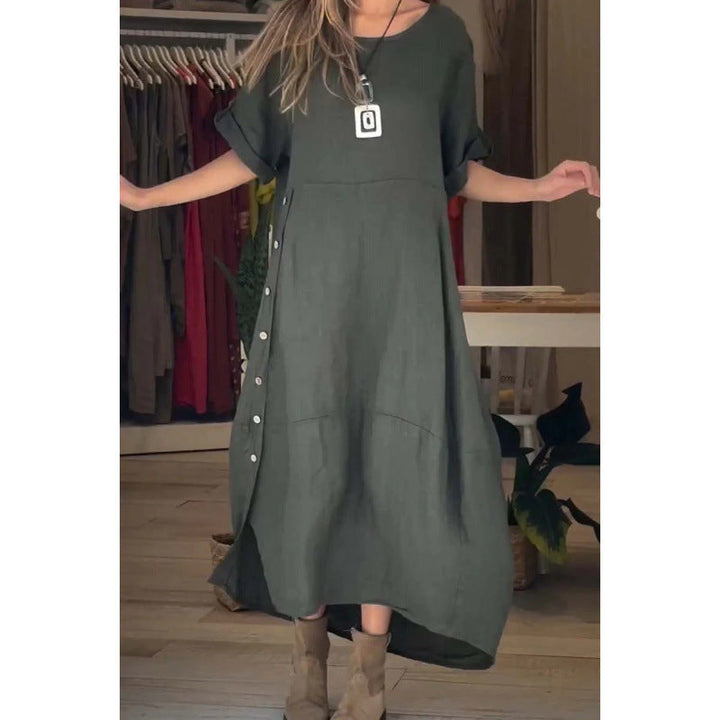 Levoire | Robe en coton-lin à manches courtes unie relaxante et ample Vert olive
