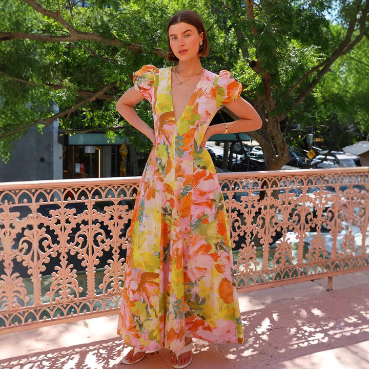Robe maxi femme avec décolleté en V et manches bouffantes Levoire