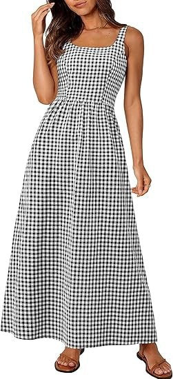 Robe maxi femme à motif à carreaux classique avec bretelles réglables et taille élastique Levoire