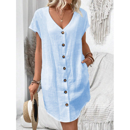 Levoire | Robe d'été à boutons en coton lin à décolleté V Bleu clair