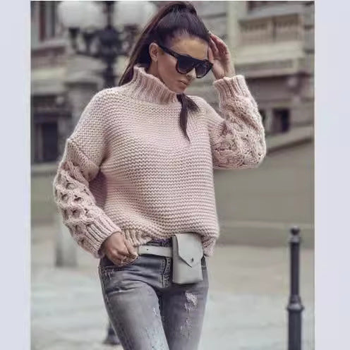 Pull en tricot pour femmes avec col montant et manches volumineuses Levoire