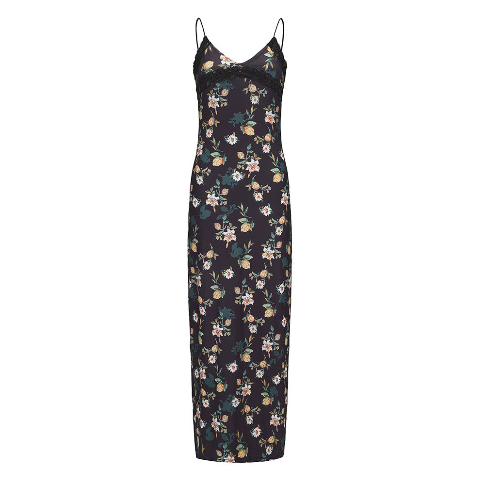 Levoire | Robe Maxi Bodycon Fleurie à Décolleté en V sexy noir