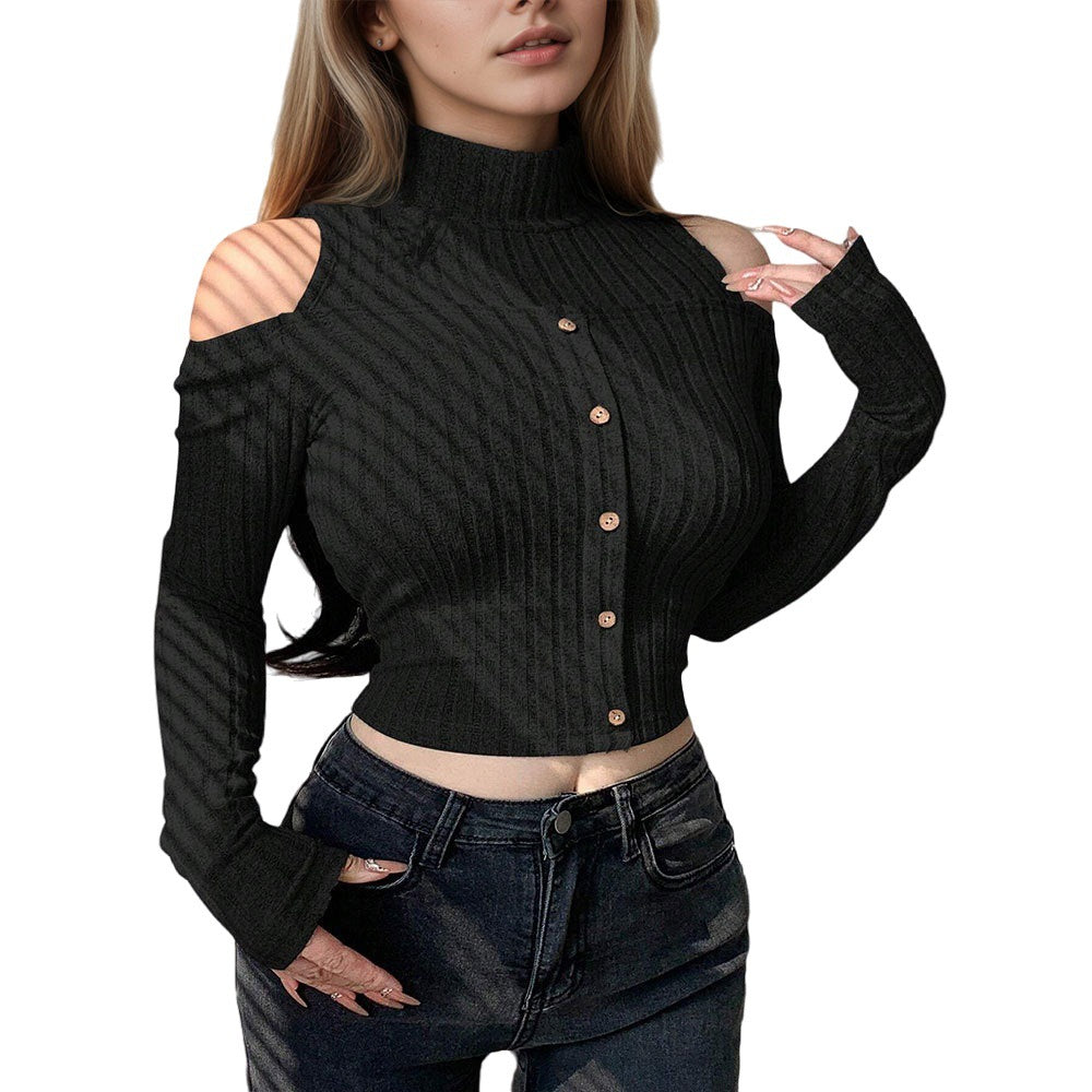 Pull long à manches longues pour femmes, cropped, avec des détails à épaules dénudées et fermeture à boutons Levoire