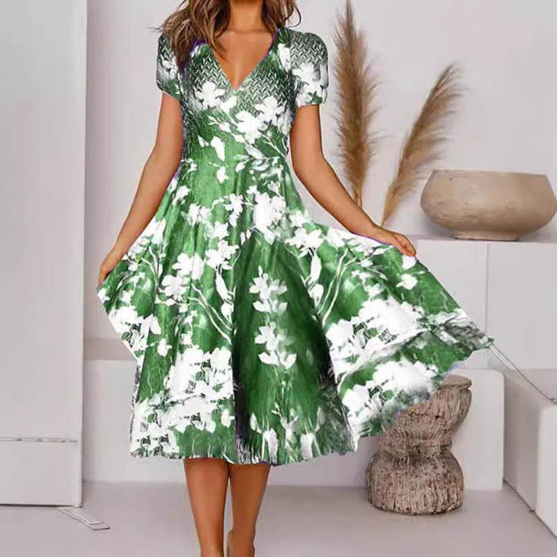 Levoire | Rento Print V-décolleté À Manches Courtes Robe Évasée