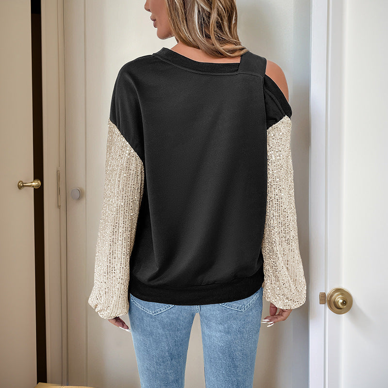 Pull féminin dénudé des épaules avec des manches en sequins glamour Levoire
