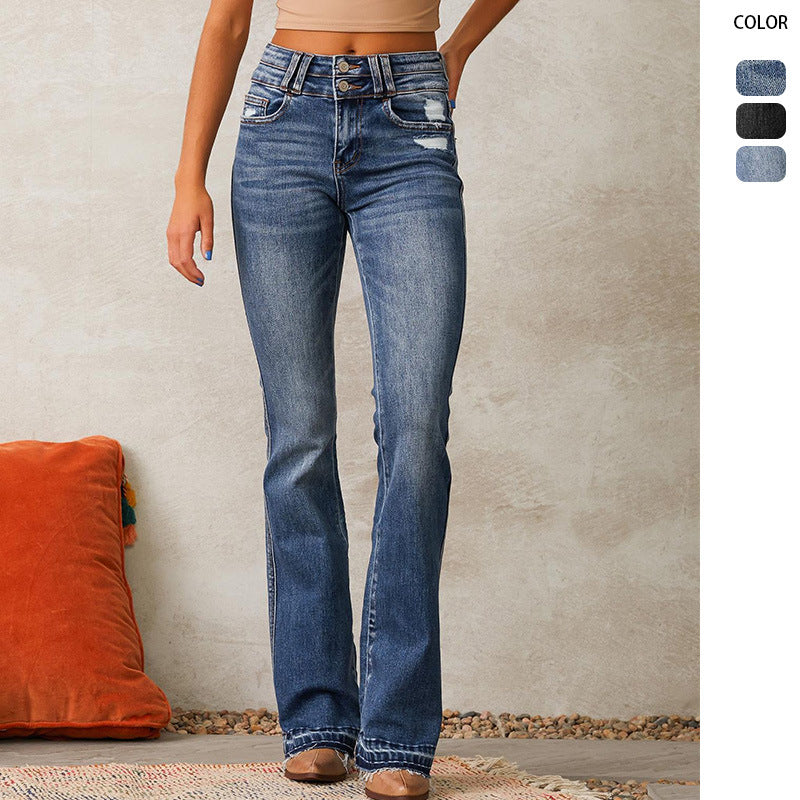 Jeans évasés taille haute pour femmes avec détails déchirés à la mode Levoire