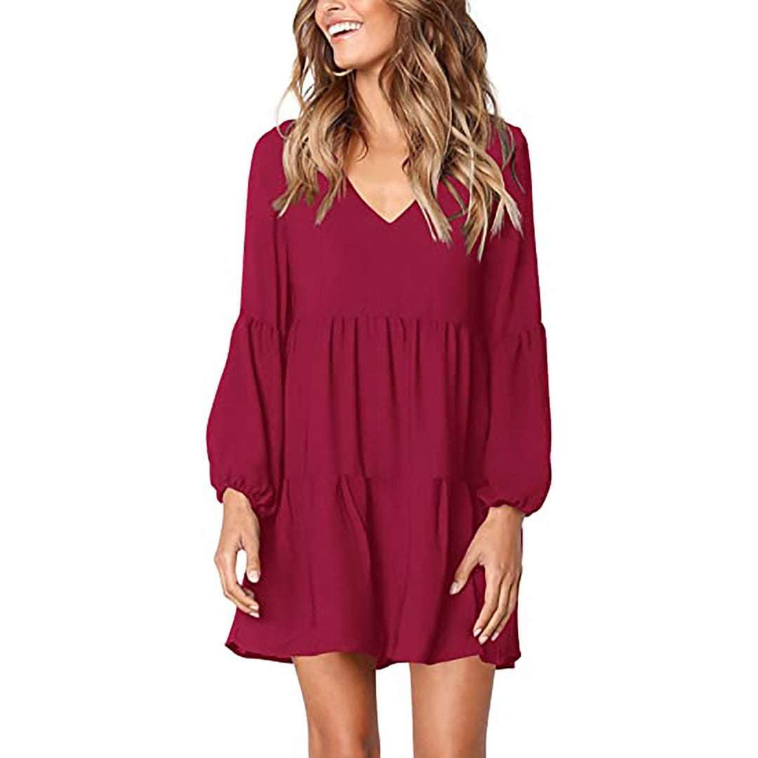 Levoire | Robe Longue à Manches Longues avec Décolleté en V Élégante Rouge vin