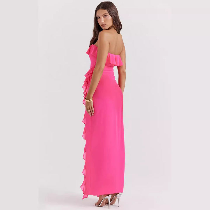 Robe maxi femme à épaules dénudées avec volants et fente Levoire