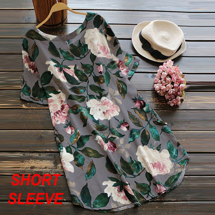 Levoire | Robe imprimée à col rond Imprimé Robe à manches longues Gris foncé 【À manches courtes】