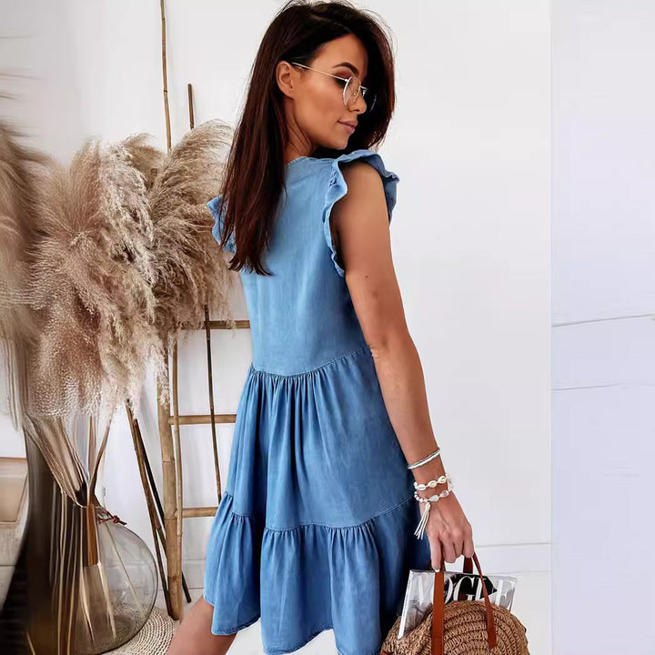 Robe en coton décontractée pour femmes avec des détails de volants volumineux et une coupe en A Levoire
