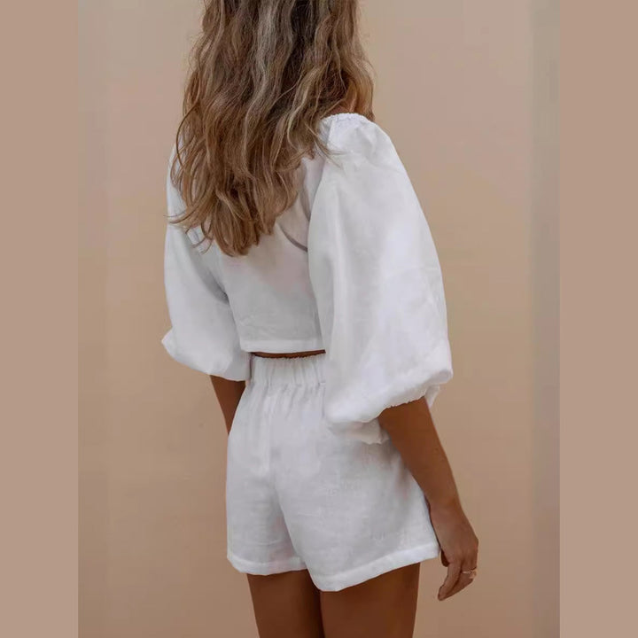 Ensemble stylé pour femmes en deux pièces avec des manches bouffantes et un nœud Levoire