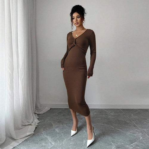 Robe midi en jersey ajustée pour femmes avec détail torsadé et manches longues Levoire