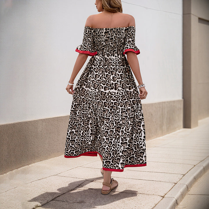 Robe maxi off-shoulder pour femmes avec détails en volants et imprimé animalier Levoire