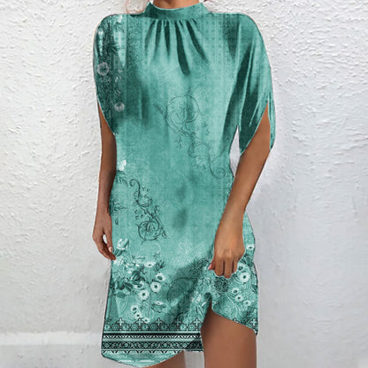 Levoire | Chemise à col montant imprimée élégante à manches courtes Batwing émeraude