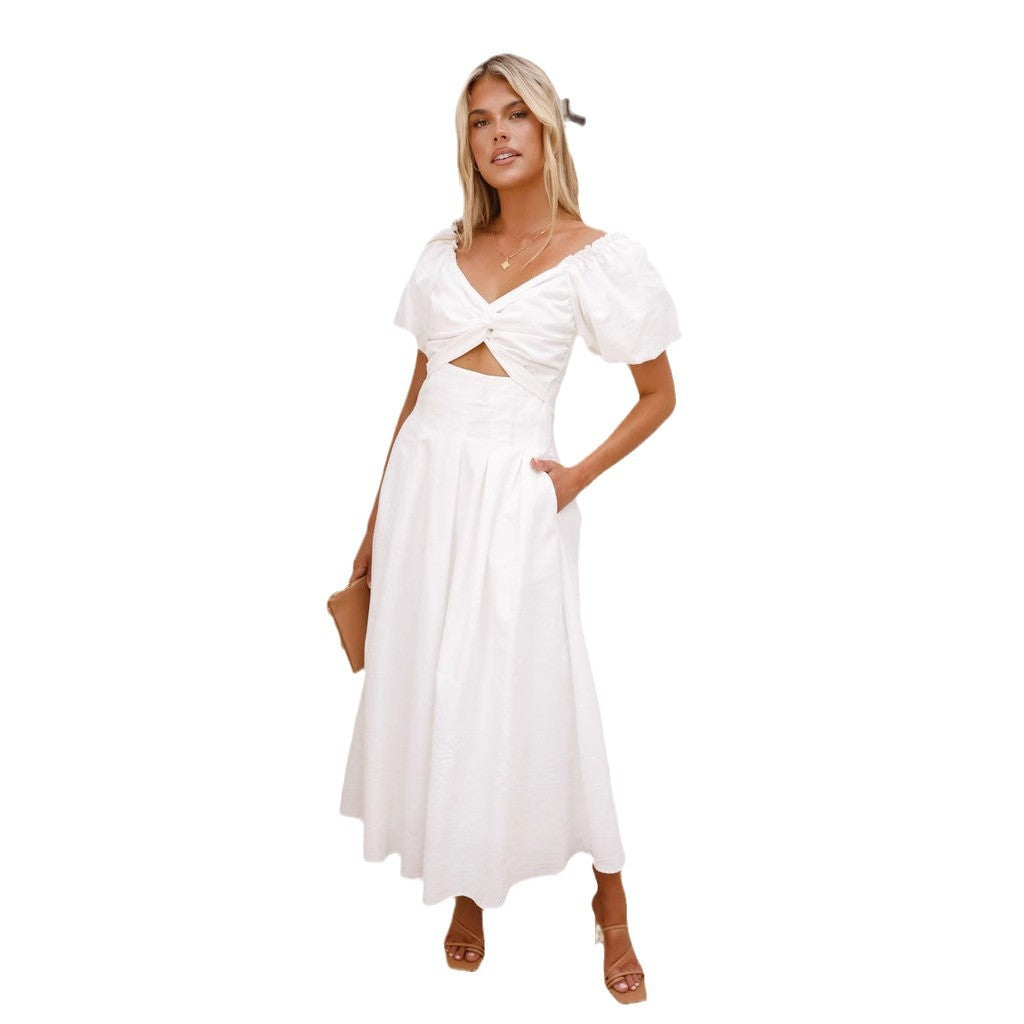 Robe midi femme avec un détail de nœud ludique et un design à manches bouffantes Levoire