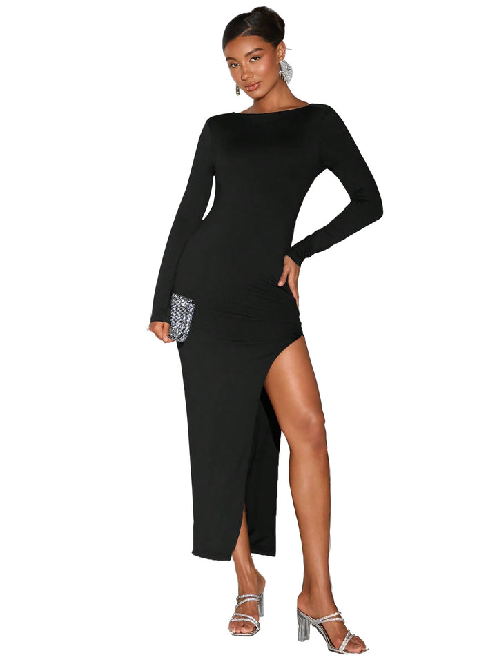 Robe Longue Femme avec Inscription Éblouissante sur le Côté et Fente Haute Levoire