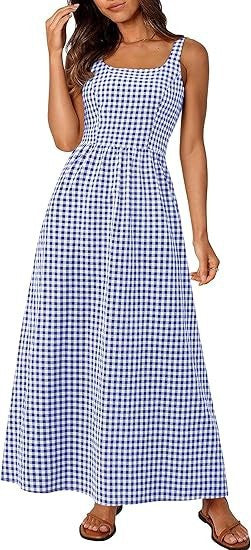 Robe maxi femme à motif à carreaux classique avec bretelles réglables et taille élastique Levoire