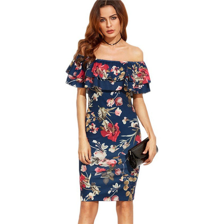 Robe à fleurs pour femme à épaules dénudées avec des détails de volants volumineux et une coupe moulante Levoire