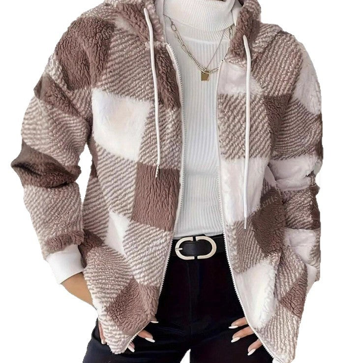 Veste de transition pour femmes en matériau teddy doux avec motif tartan Levoire
