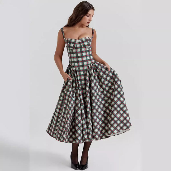 Robe midi décontractée pour femme avec un design à carreaux et décolleté profond Levoire