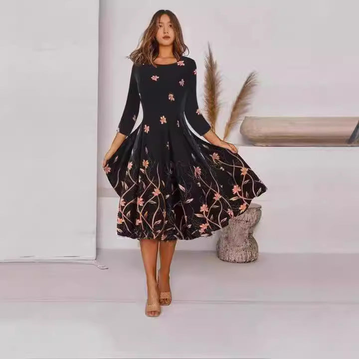 Levoire | Élégante robe imprimée à col rond à manches 3/4