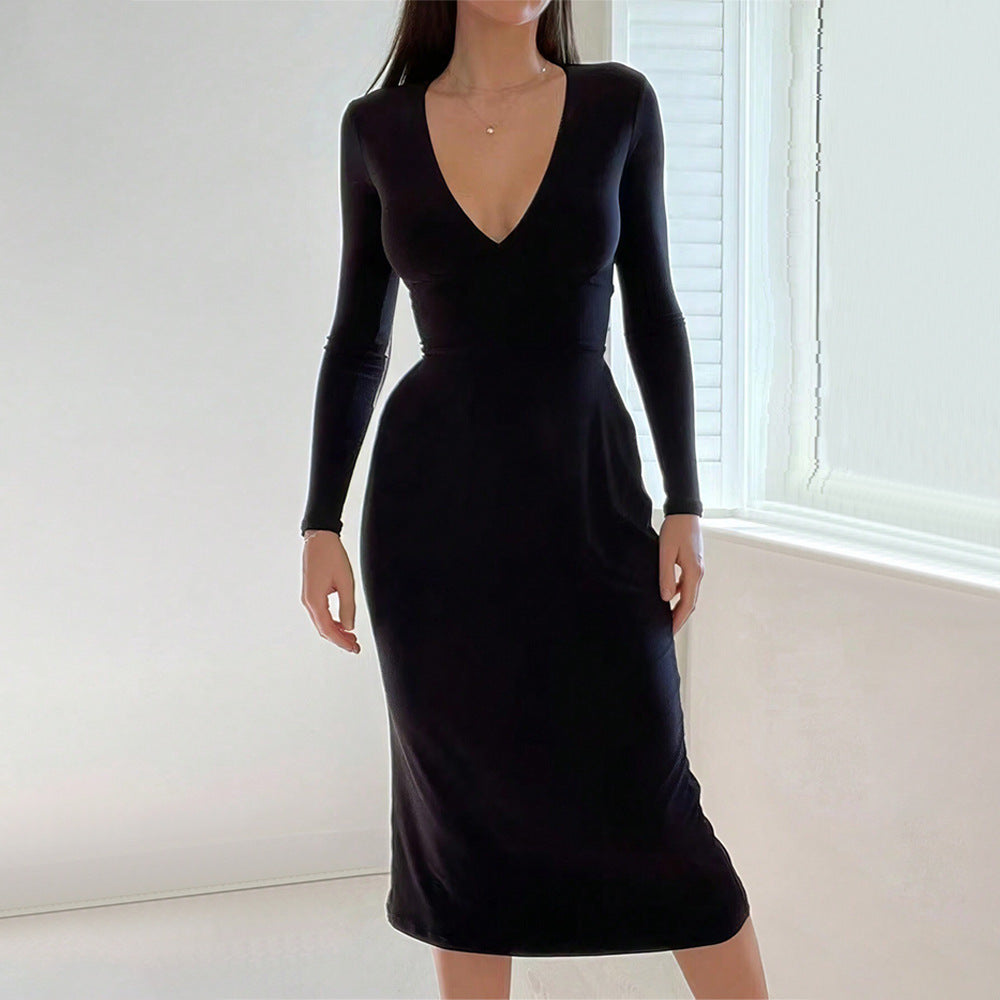 Robe midi élégante pour femmes avec décolleté en V profond et manches longues Levoire