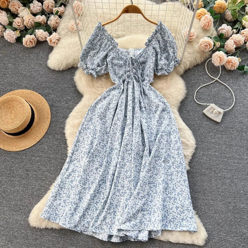Levoire | Robe rétro à imprimé floral avec encolure en V Bleu ciel Taille libre