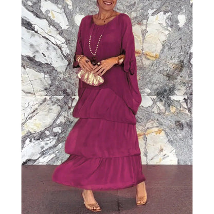 Levoire | Élégante Robe Longue à Manches Batwing et Col Ronde pour Femme Lilas-rouge