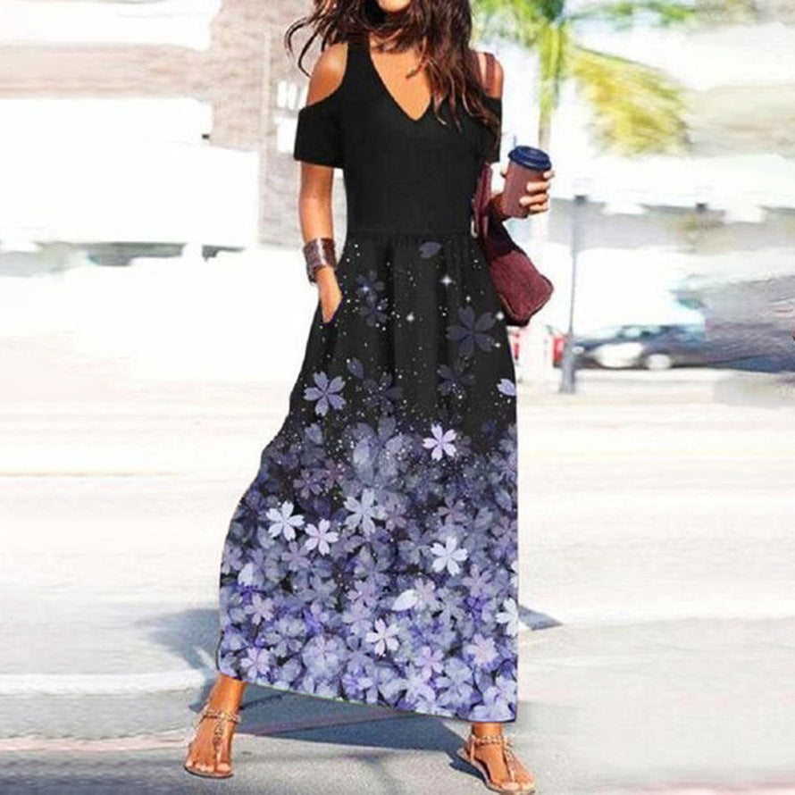 Levoire | Chic Floral Print V-Haul Off-Shoulder Robe Lavande Lilas