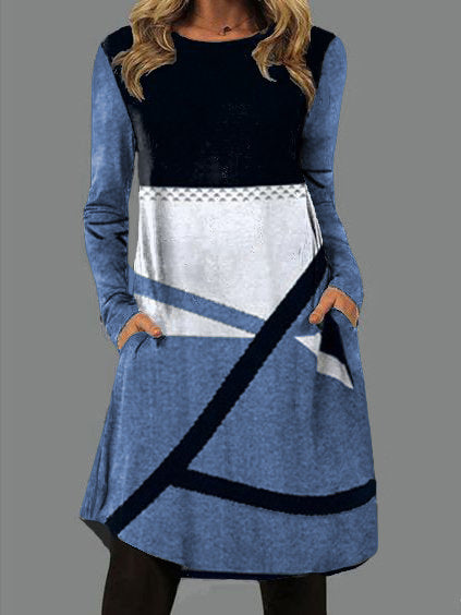 Levoire | Trendik Imprimé Col Ronde Longue Manche Tissu Poche Robe Bleu