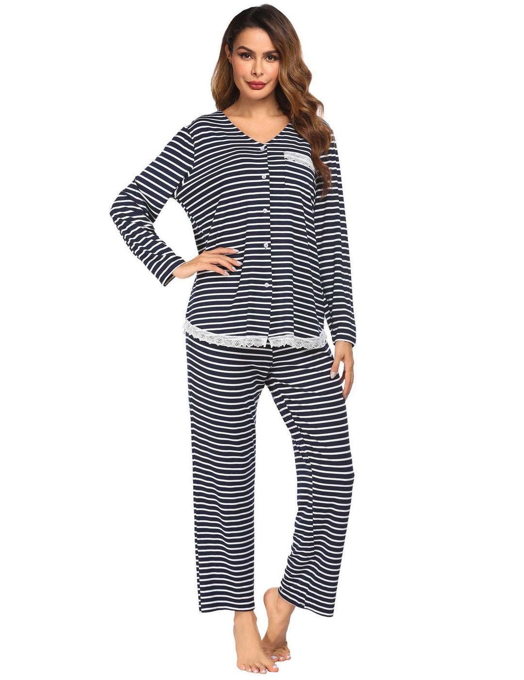 Levoire | dentelle-nuisette Manches longues Pantalons longs Ensemble maison Fond marine avec des rayures blanches