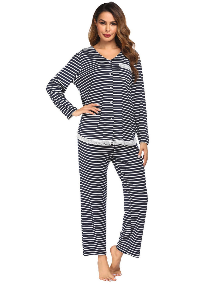 Levoire | dentelle-nuisette Manches longues Pantalons longs Ensemble maison Fond marine avec des rayures blanches