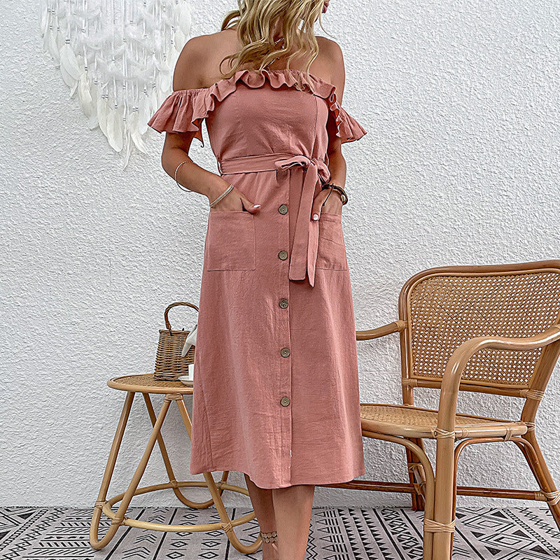 Robe midi à épaules dénudées pour femmes avec détails en volants et ceinture à nouer Levoire