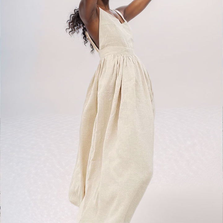 Robe longue en lin pour femmes avec décolleté en V profond et taille cintrée Levoire