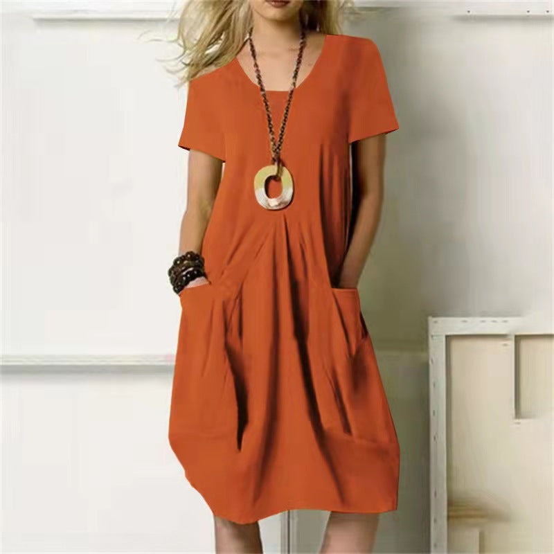 Levoire | Robe Simple Une Couleur Avec Col Rond Décontracté Et Manches Courtes Braun