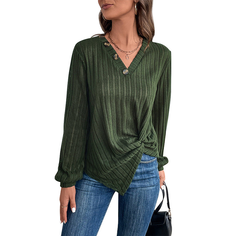 Chemise à manches longues à la mode pour femmes avec décolleté en V et boutons décoratifs Levoire