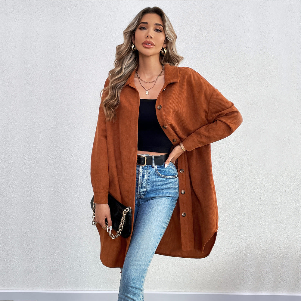 Chemise veste à manches longues pour femmes en tissu cord soft avec patte de boutonnage Levoire