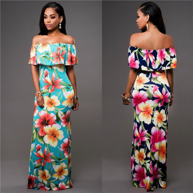 Robe maxi pour femmes avec décolleté bardot et motifs floraux Levoire