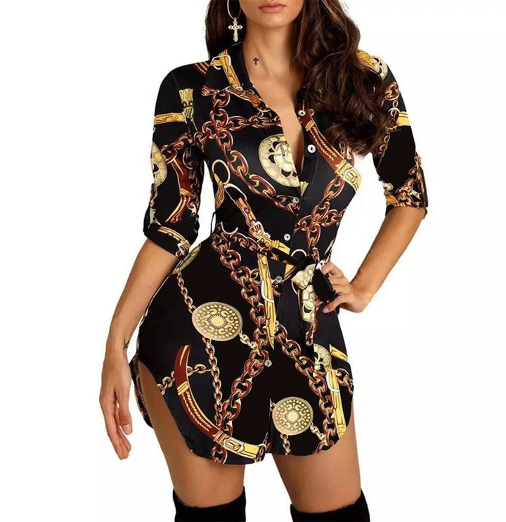 Levoire | Élégant Robe Imprimée Mi-Longue Couleur Or noir