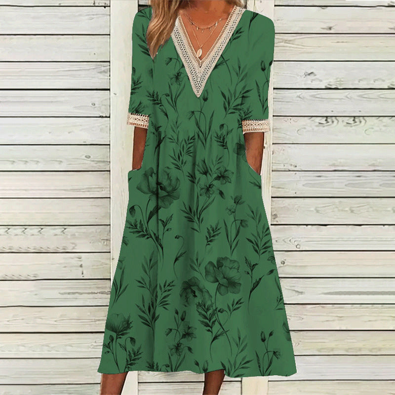 Levoire | Élégant Imprimé V-Découpe dentelle Trois-Quarts-manches robe 4#Vert