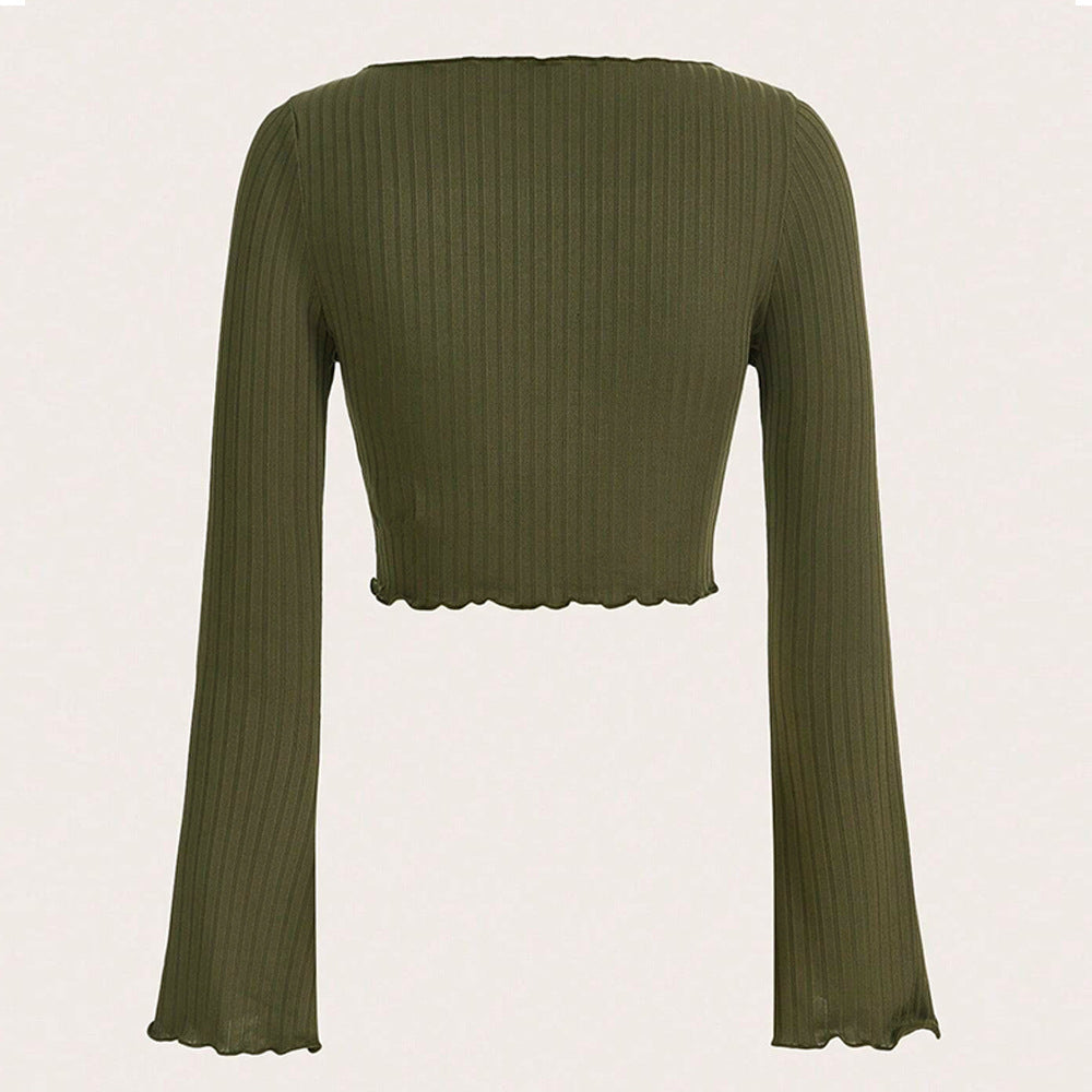 Chemise longue à manches longues pour femmes, cropped, avec ourlet asymétrique et détails de volants élégants Levoire
