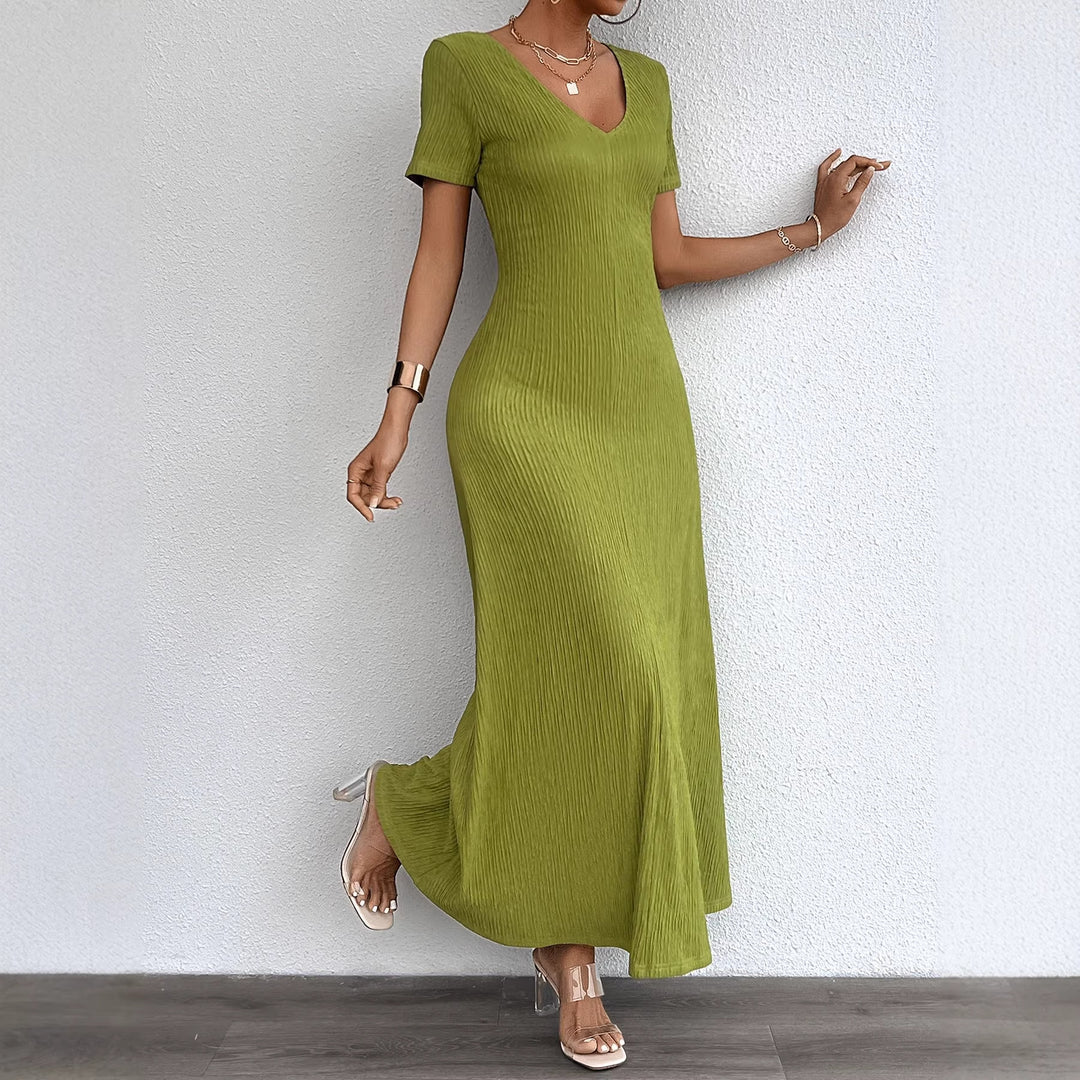Robe maxi à manches longues pour femmes avec col en V élégant et texture côtelée Levoire
