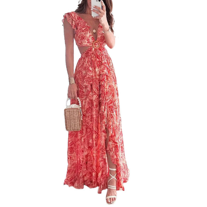 Robe maxi longue pour femmes avec design élégant à découpes et encolure à volants Levoire